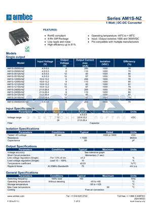 AM1S-0505SH30-NZ datasheet - 1 Watt | DC-DC Converter