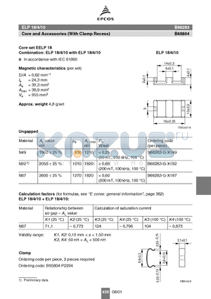 B66283-G-X192 datasheet - ELP 18/4/10 Core and Accessories (With Clamp Recess)