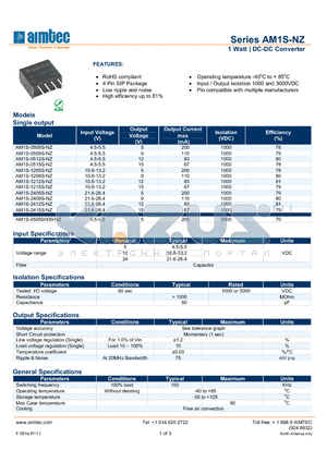 AM1S-0512S-NZ datasheet - 1 Watt | DC-DC Converter