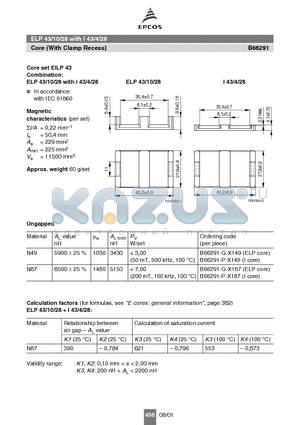 B66291-P-X149 datasheet - ELP 43/10/28 with I 43/4/28 Core (With Clamp Recess)