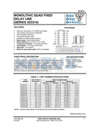 3D3314-150 datasheet - MONOLITHIC QUAD FIXED DELAY LINE (SERIES 3D3314)