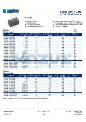 AM1_4L-NZ datasheet - 1/4 Watt | DC-DC Converter