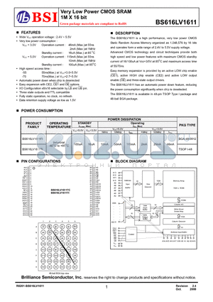 BS616LV1611FIG55 datasheet - Very Low Power CMOS SRAM 1M X 16 bit