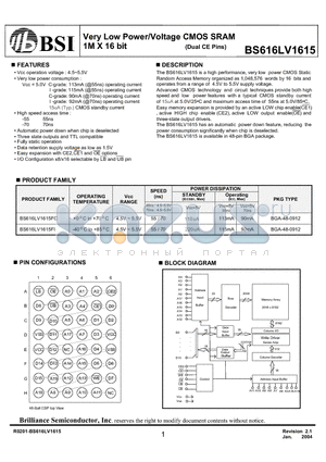 BS616LV1615FC-55 datasheet - Very Low Power/Voltage CMOS SRAM 1M X 16 bit