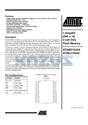 AT49LV1024A-45VL datasheet - 1-megabit (64K x 16) 3-volt Only Flash Memory