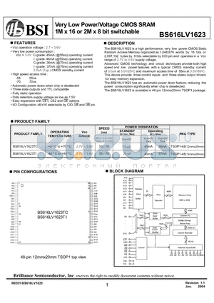 BS616LV1623TIG70 datasheet - Very Low Power/Voltage CMOS SRAM 1M x 16 or 2M x 8 bit switchable