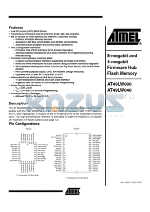 AT49LW040-33JC datasheet - 8-megabit and 4-megabit Firmware Hub Flash Memory