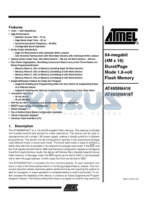 AT49SN6416-70CI datasheet - 64-megabit (4M x 16) Burst/Page Mode 1.8-volt Flash Memory