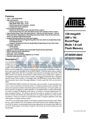 AT49SV12804 datasheet - 128-megabit (8M x 16) Burst/Page Mode 1.8-volt Flash Memory