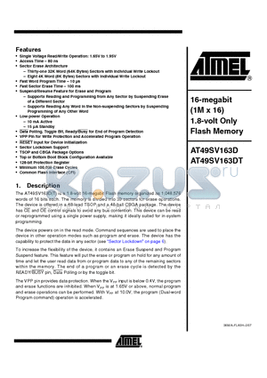 AT49SV163DT-80CU datasheet - 16-megabit 1M x 16) 1.8-volt Only Flash Memory