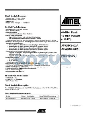 AT52BC6402A-85CI datasheet - 64 MBIT FLASH 16 MBIT PSRAM