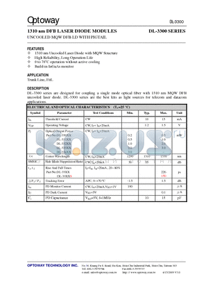 DL-3315S-HSS datasheet - 1310 nm DFB LASER DIODE MODULES UNCOOLED MQW DFB LD WITH PIGTAIL