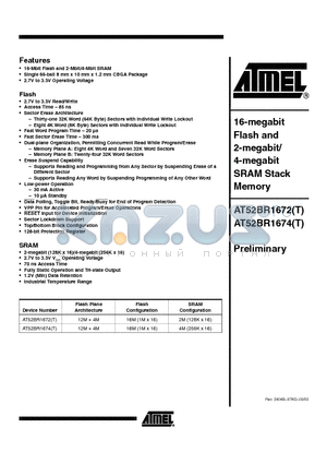 AT52BR1674 datasheet - 16-megabit Flash and 2-megabit/ 4-megabit SRAM Stack Memory