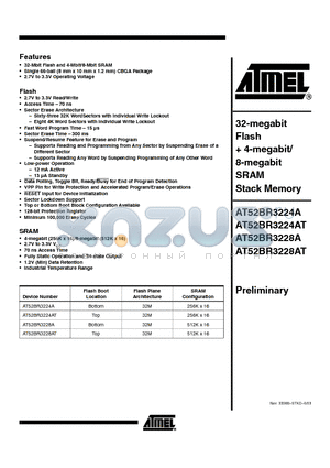 AT52BR3228A datasheet - 32-megabit Flash  4-megabit/ 8-megabit SRAM Stack Memory