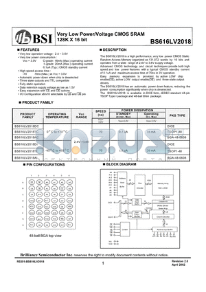 BS616LV2018TI datasheet - Very Low Power/Voltage CMOS SRAM 128K X 16 bit