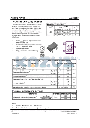 AM2303P datasheet - P-Channel 20-V (D-S) MOSFET