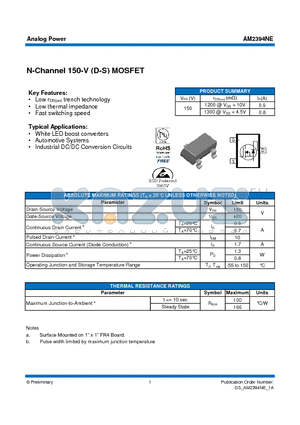 AM2394NE datasheet - N-Channel 150-V (D-S) MOSFET