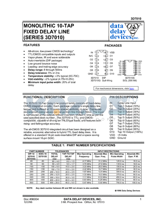 3D7010G-250 datasheet - MONOLITHIC 10-TAP FIXED DELAY LINE (SERIES 3D7010)
