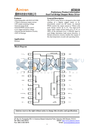 AT5519 datasheet - Preliminary Product Information Dual Full-Bridge Stepper Motor Driver