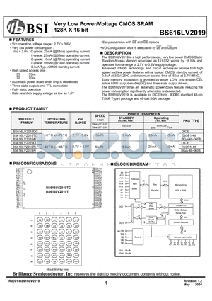 BS616LV2019DC-55 datasheet - Very Low Power/Voltage CMOS SRAM 128K X 16 bit