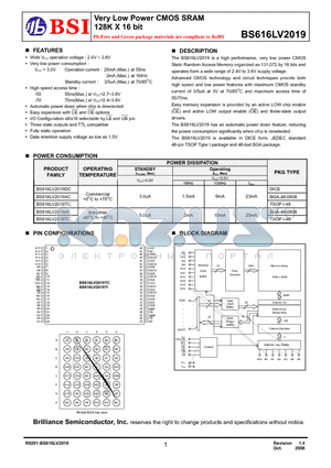 BS616LV2019DCG70 datasheet - Very Low Power CMOS SRAM 128K X 16 bit