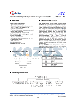 AM24LC08N datasheet - 2-Wire Serial 8K-Bit (1024 x 8) CMOS Electrically Erasable PROM