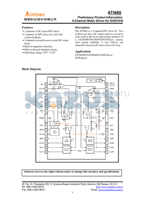 AT5660 datasheet - 5-Channel Motor Driver for DVD/VCD