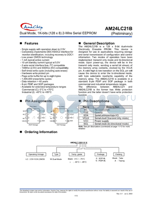 AM24LC21BIS datasheet - Dual Mode, 1K-bits (128 x 8) 2-Wire Serial EEPROM