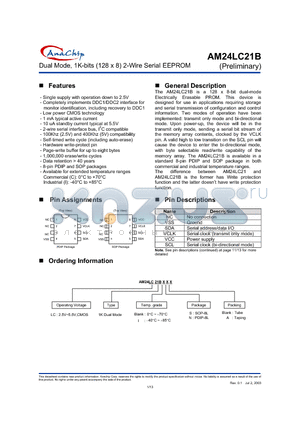 AM24LC21BISA datasheet - Dual Mode, 1K-bits (128 x 8) 2-Wire Serial EEPROM