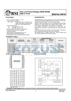 BS616LV4010 datasheet - Very Low Power/Voltage CMOS SRAM 256K X 16 bit