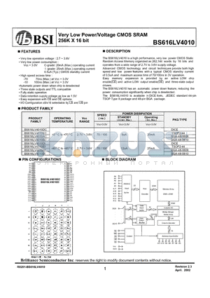 BS616LV4010EI datasheet - Very Low Power/Voltage CMOS SRAM 256K X 16 bit