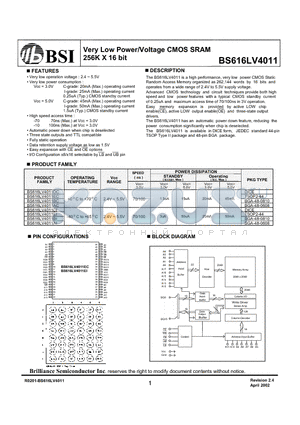 BS616LV4011 datasheet - Very Low Power/Voltage CMOS SRAM 256K X 16 bit