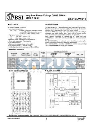 BS616LV4015BI datasheet - Very Low Power/Voltage CMOS SRAM 256K X 16 bit
