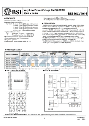 BS616LV4016ACP55 datasheet - Very Low Power/Voltage CMOS SRAM 256K X 16 bit