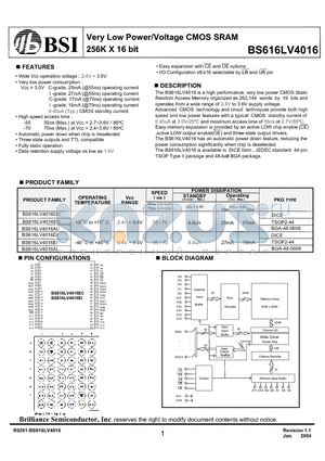 BS616LV4016EI-55 datasheet - Very Low Power/Voltage CMOS SRAM 256K X 16 bit