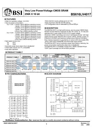 BS616LV4017EI datasheet - Very Low Power/Voltage CMOS SRAM 256K X 16 bit