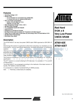 AT60142E-DC15M-E datasheet - Rad Hard 512K x 8 Very Low Power CMOS SRAM