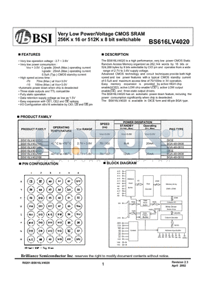 BS616LV4020AC datasheet - Very Low Power/Voltage CMOS SRAM 256K x 16 or 512K x 8 bit switchable