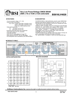 BS616LV4020AI datasheet - Very Low Power/Voltage CMOS SRAM 256K x 16 or 512K x 8 bit switchable