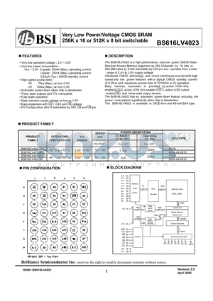 BS616LV4023BI datasheet - Very Low Power/Voltage CMOS SRAM 256K x 16 or 512K x 8 bit switchable