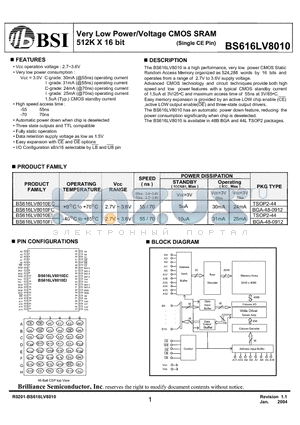 BS616LV8010EIP55 datasheet - Very Low Power/Voltage CMOS SRAM 512K X 16 bit