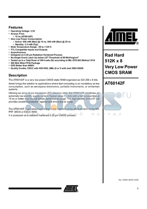 AT60142F-DS15-SCC datasheet - Rad Hard 512K x 8 Very Low Power CMOS SRAM
