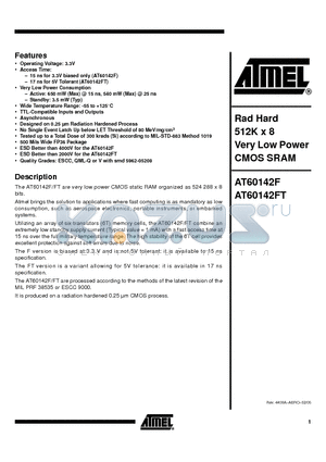 AT60142FT-DD17MMQ datasheet - Rad Hard 512K x 8 Very Low Power CMOS SRAM
