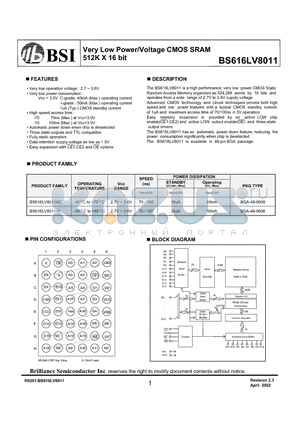 BS616LV8011AI datasheet - Very Low Power/Voltage CMOS SRAM 512K X 16 bit