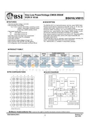 BS616LV8013 datasheet - Very Low Power/Voltage CMOS SRAM 512K X 16 bit