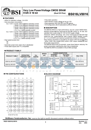 BS616LV8016FCP55 datasheet - Very Low Power/Voltage CMOS SRAM 512K X 16 bit
