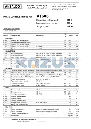 AT603S16 datasheet - PHASE CONTROL THYRISTOR