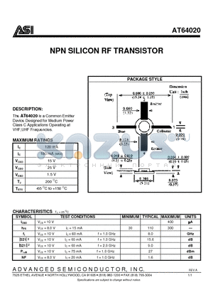 AT64020 datasheet - NPN SILICON RF TRANSISTOR