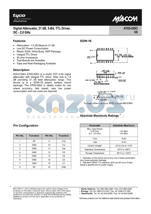 AT65-0263 datasheet - Digital Attenuator 31dB, 5-Bit, TTL Driver, DC-2.0 GHz