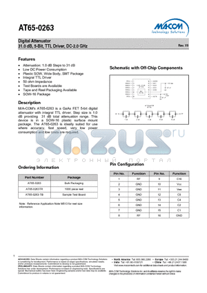 AT65-0263 datasheet - Digital Attenuator 31.0 dB, 5-Bit, TTL Driver, DC-2.0 GHz